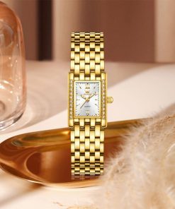 OLEVS 3700 Women’s Diamond Tank Watch – Gold & White Edition