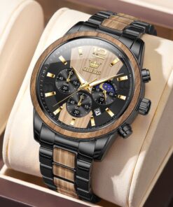 OLEVS 3645 Men’s Steel & Wood Chronograph – Moon Phase Edition