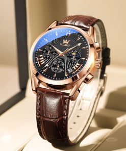 OLEVS 2876 Men’s Sun & Moon Chronograph – Rose Gold Leather Edition