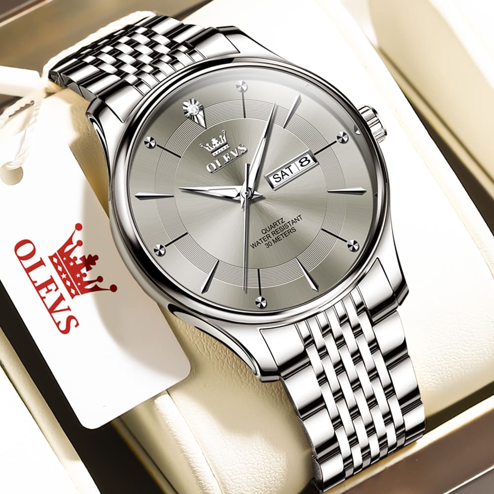 OLEVS 9908 Men’s Business Day-Date Watch – Classic Silver Series