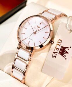 OLEVS 5877 Women’s Ceramic & Rose Gold Watch – Diamond Series