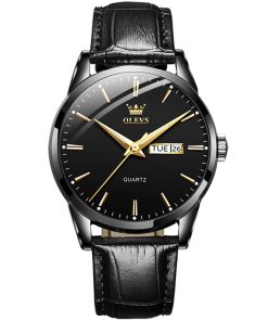 OLEVS 6898 Men’s Classic Day-Date Leather Watch – Black & Gold