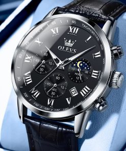 OLEVS 5529 Men’s Roman Numeral Moon Phase – Leather Edition